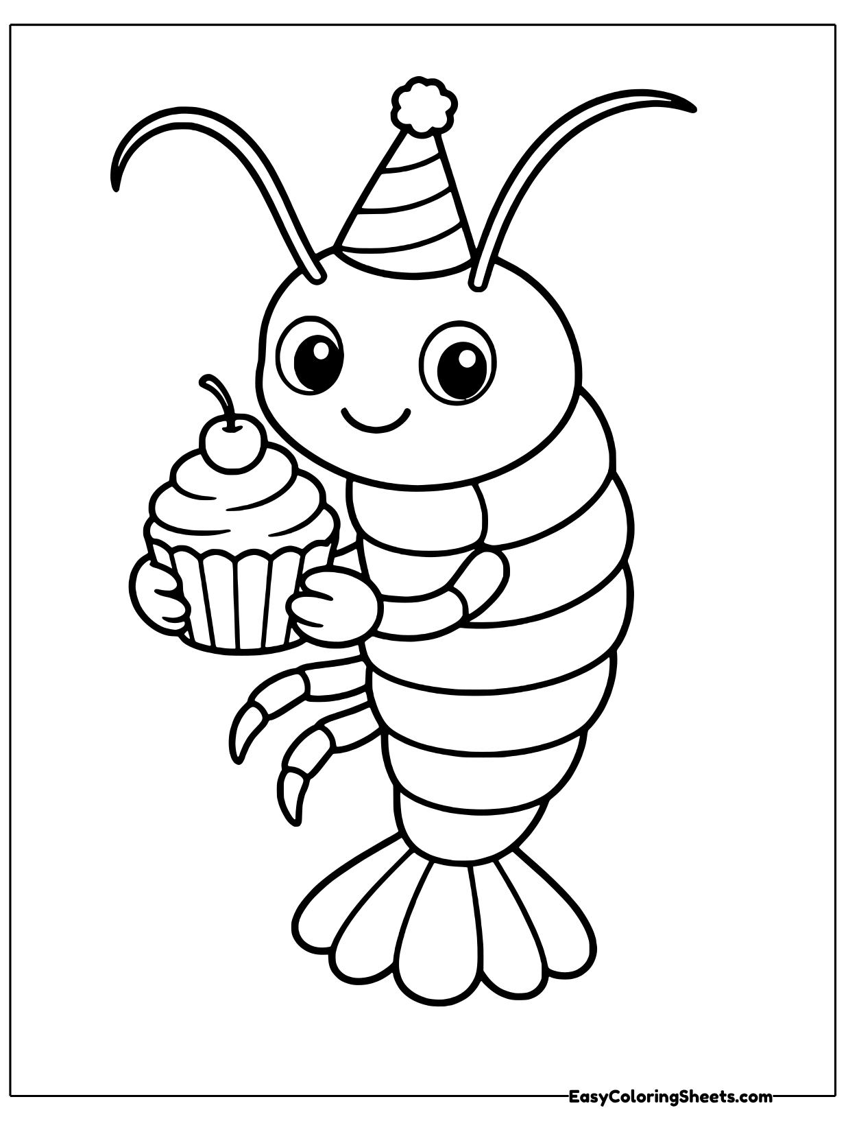 A festive cartoon shrimp wears a pointy party hat and holds up a frosted cupcake topped with a cherry.