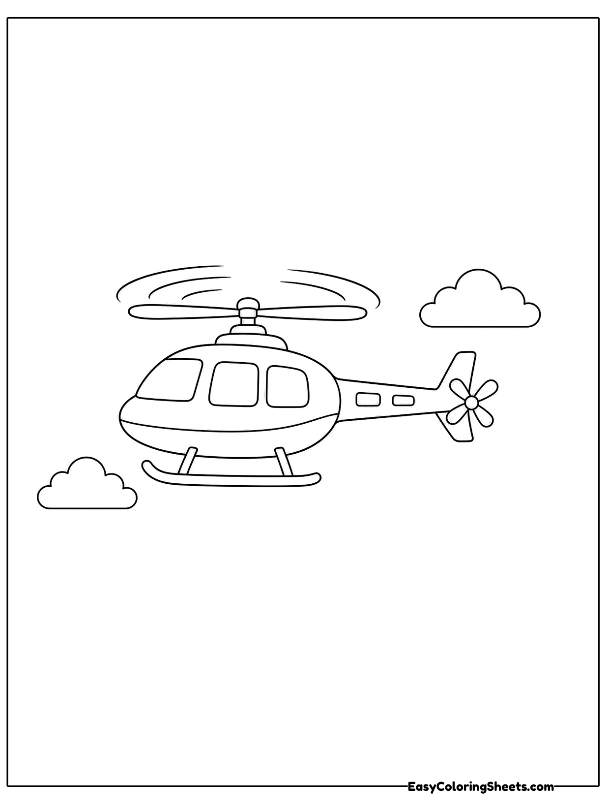 A small helicopter flies through the sky with puffy clouds on either side.