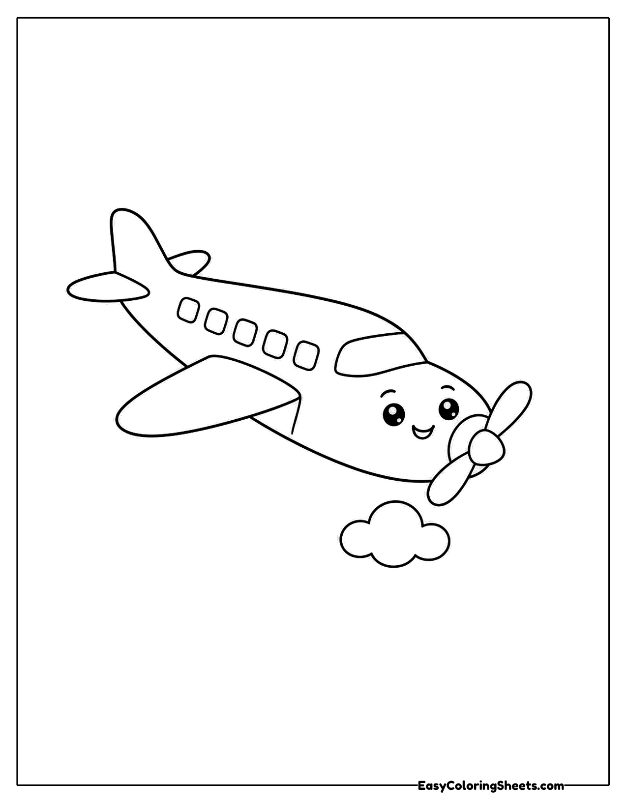 Propeller plane with a smiling face near a cloud