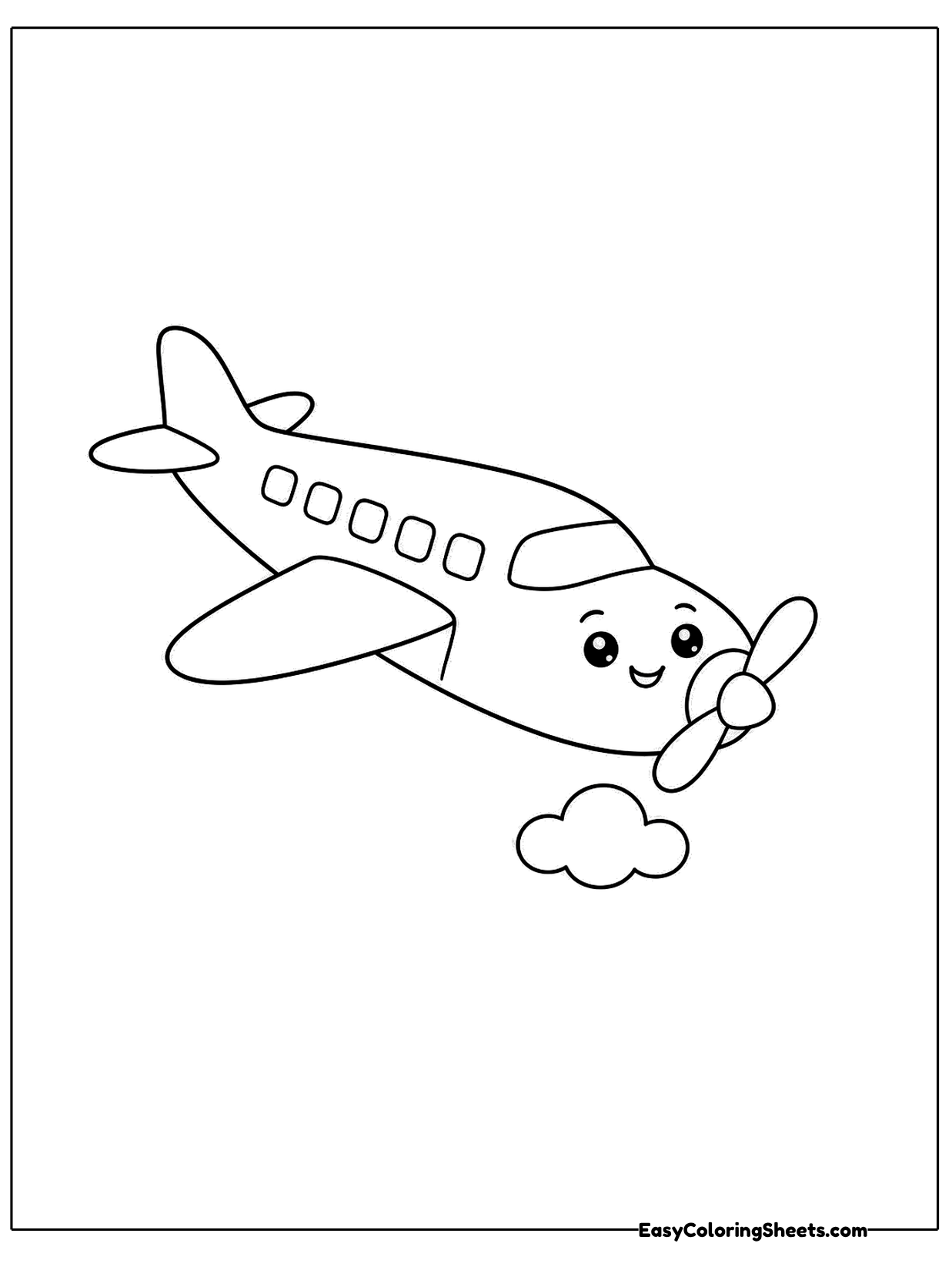 A propeller plane with a cheerful face flies diagonally near a cloud.