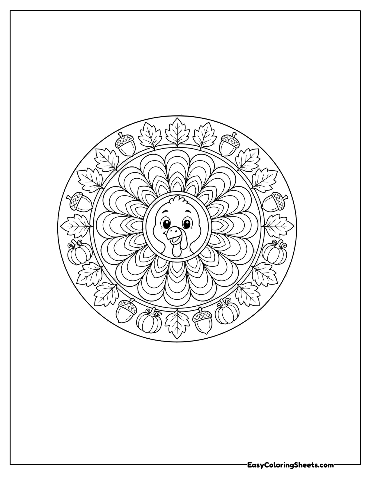 Round mandala with a turkey at the center and rings of feathers and leaves