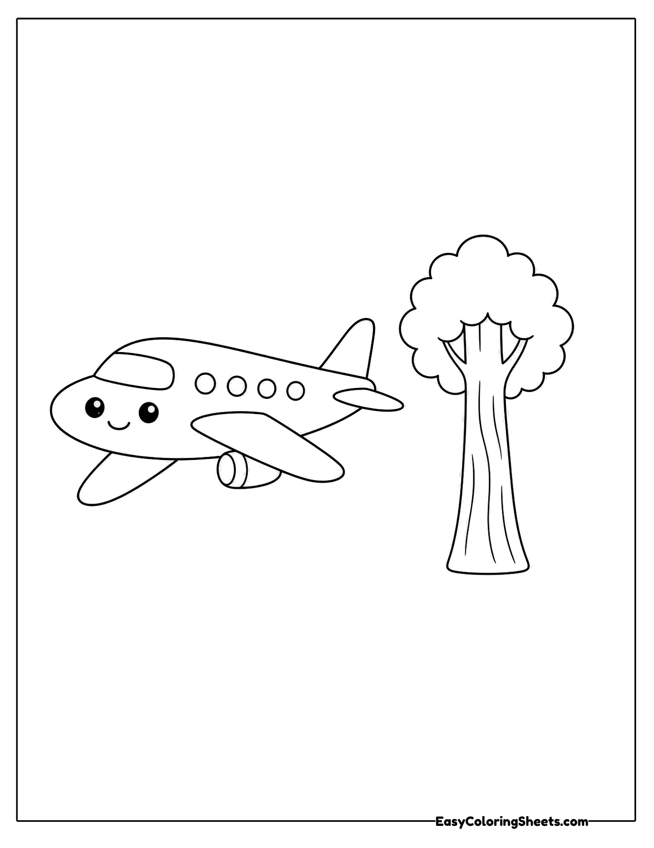 Smiling plane beside a simple tree
