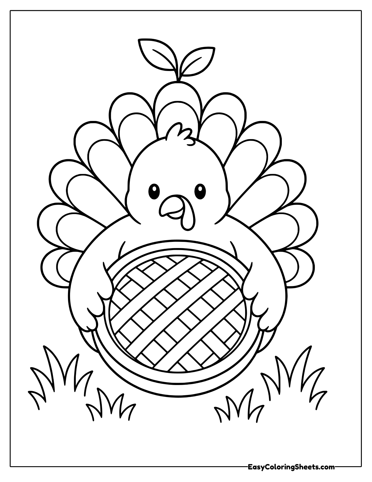 Cute turkey hugging a big lattice-top pie