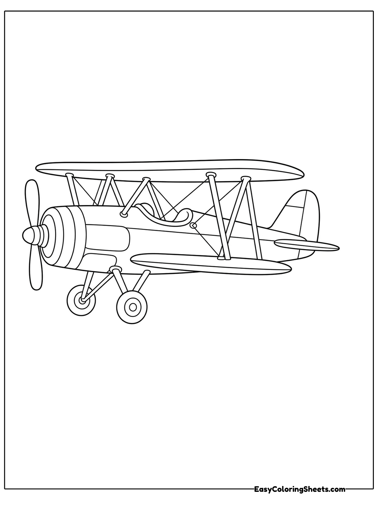 A biplane with two stacked wings, a front propeller and wheels is shown in side view.