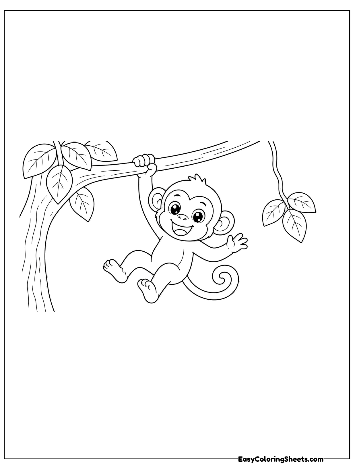 A small monkey swings between two leafy vines stretched across the page.