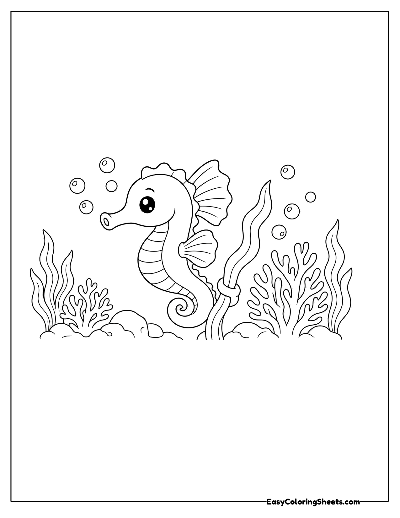 Seahorse among seaweed and bubbles