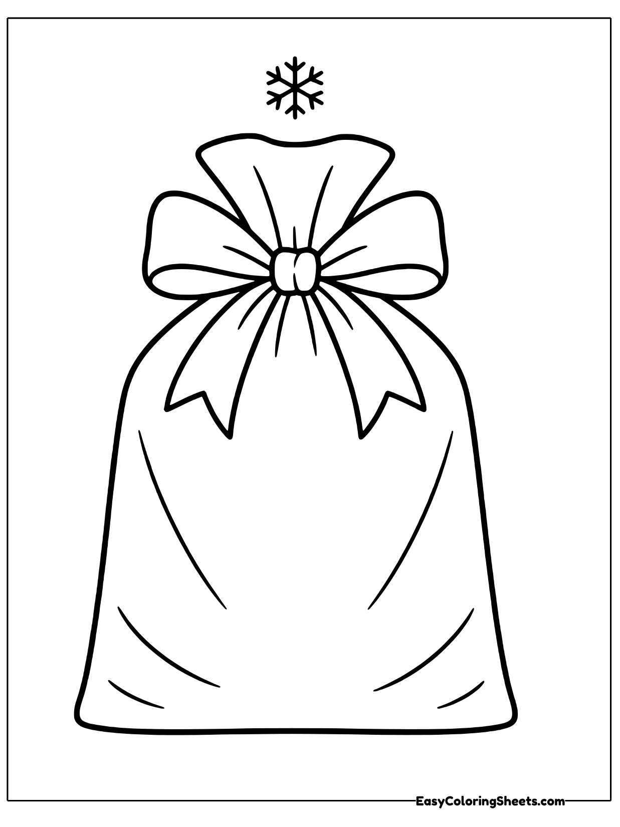 A soft gift sack is gathered at the top and tied with a ribbon bow, with a snowflake floating above.