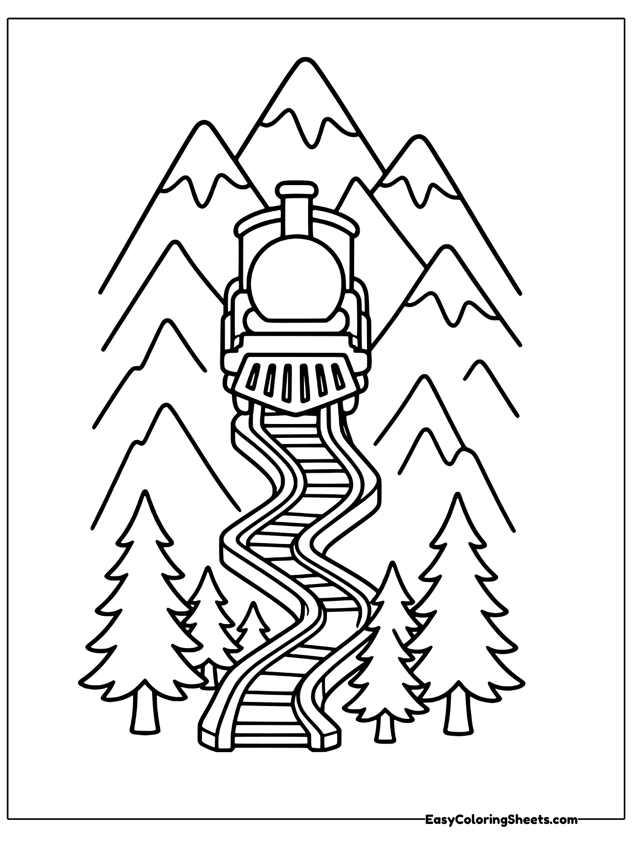 A steam engine climbs a zigzag switchback track between snowy mountain peaks and tall pine trees.