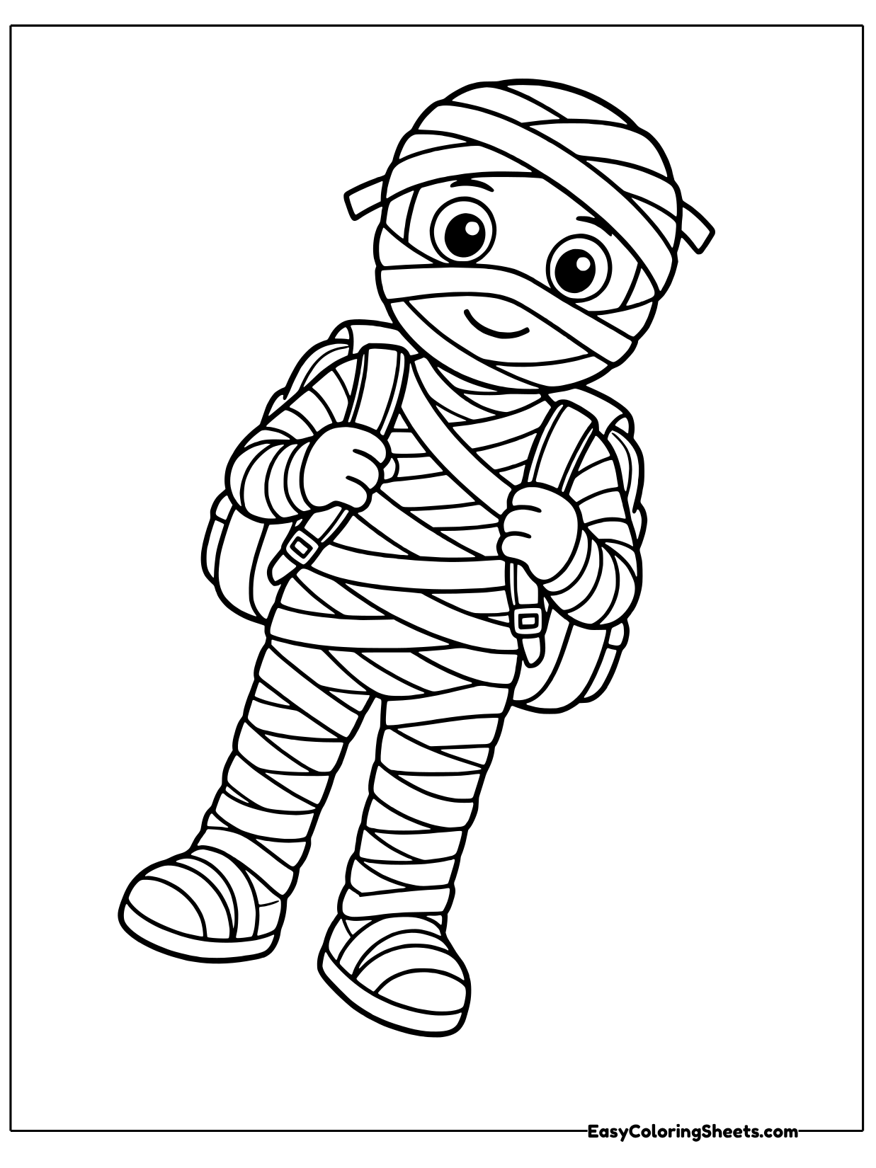 A mummy with a backpack strapped on walks forward, ready for school or a trip.