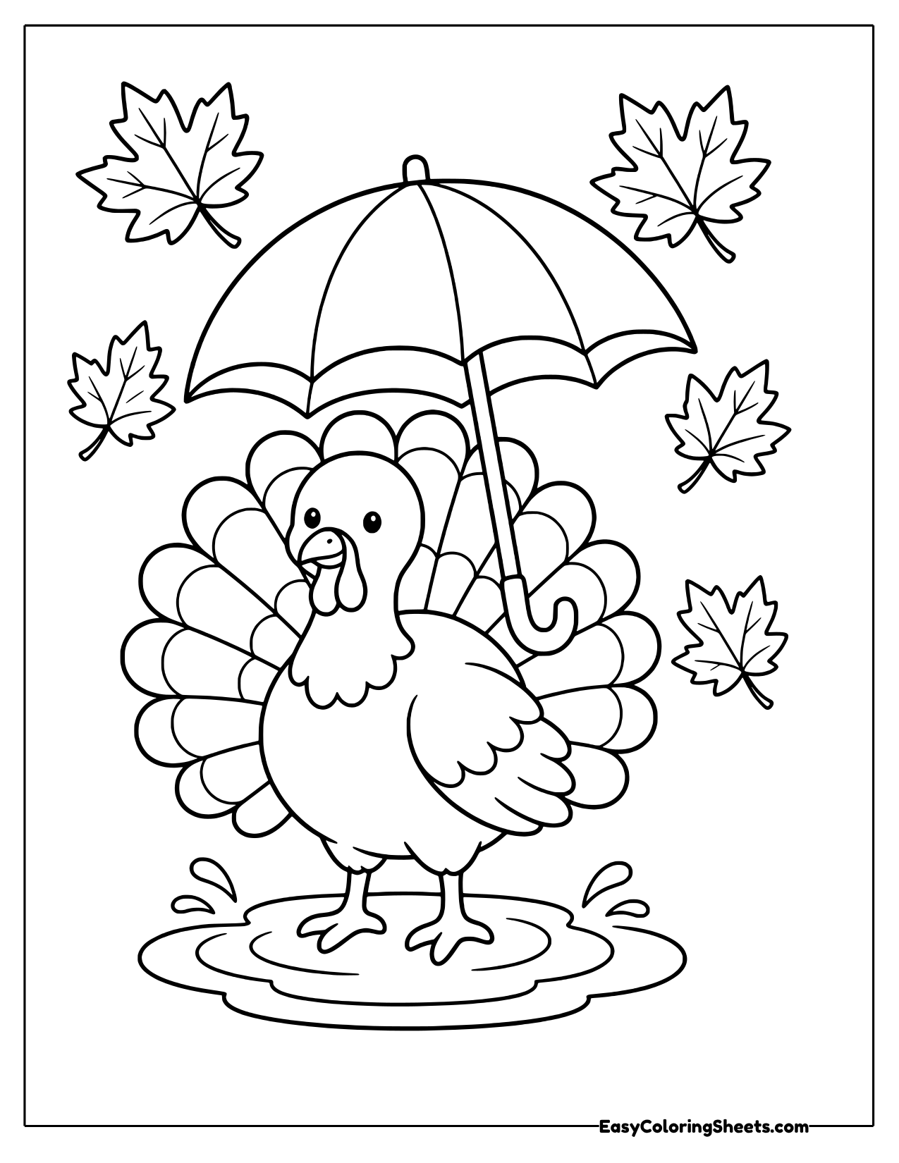 Turkey standing under an umbrella with falling maple leaves