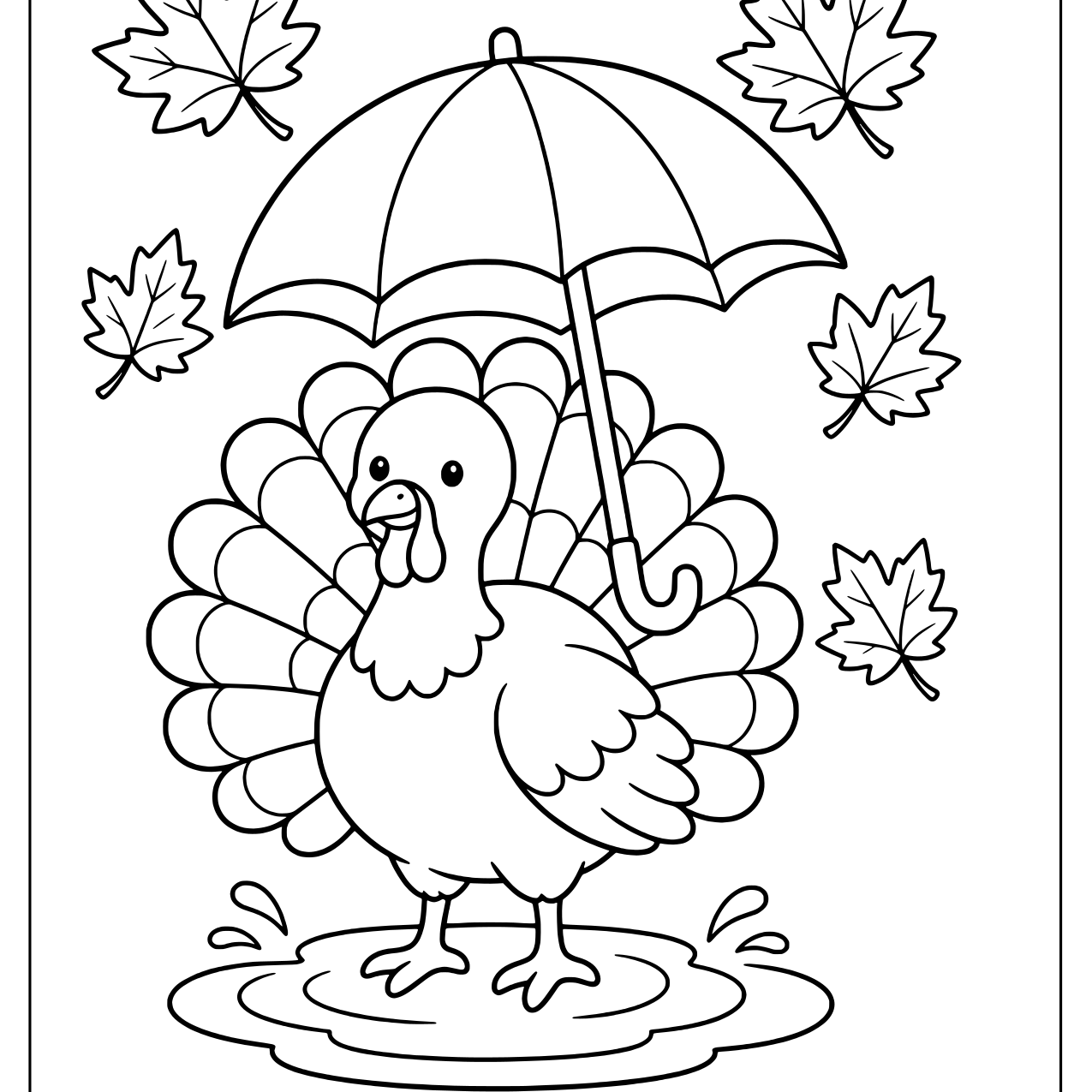 Turkey standing under an umbrella with falling maple leaves