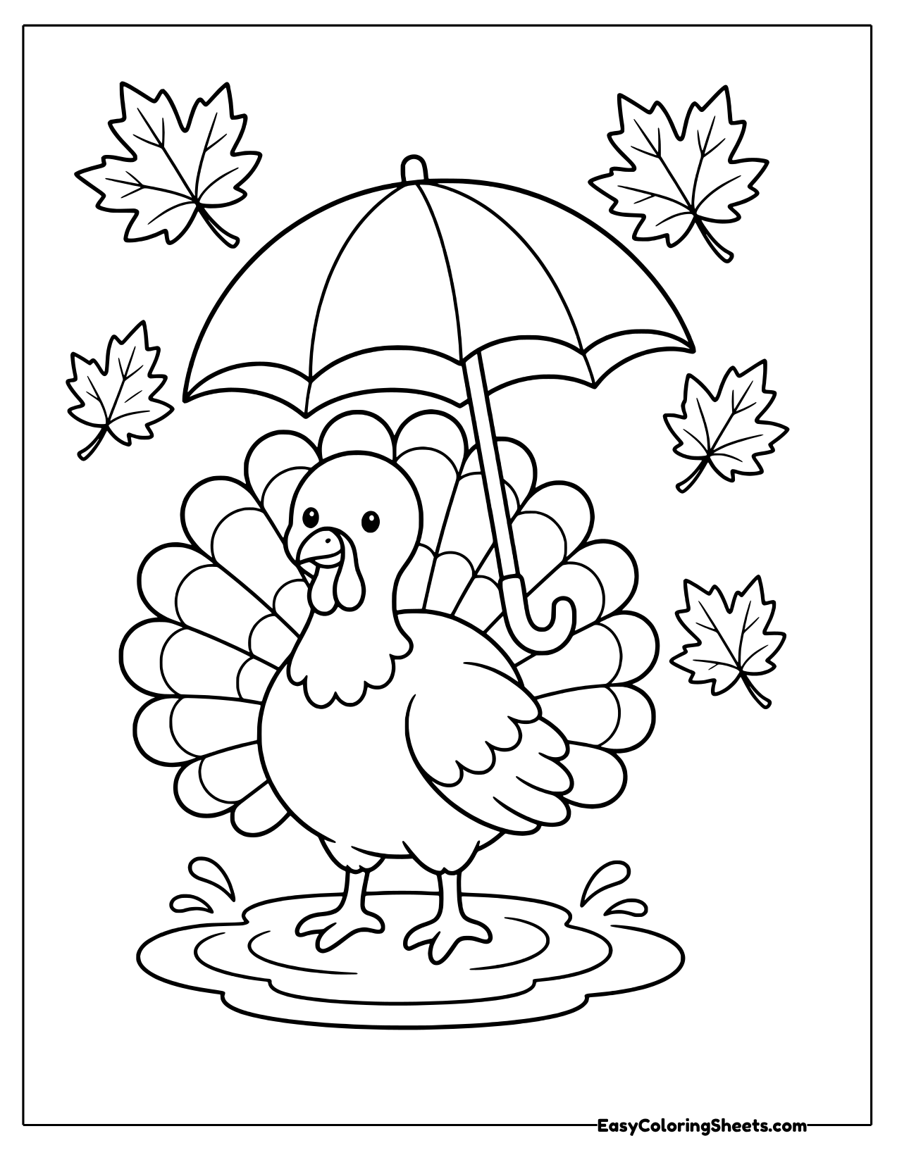 Turkey standing under an umbrella with falling maple leaves