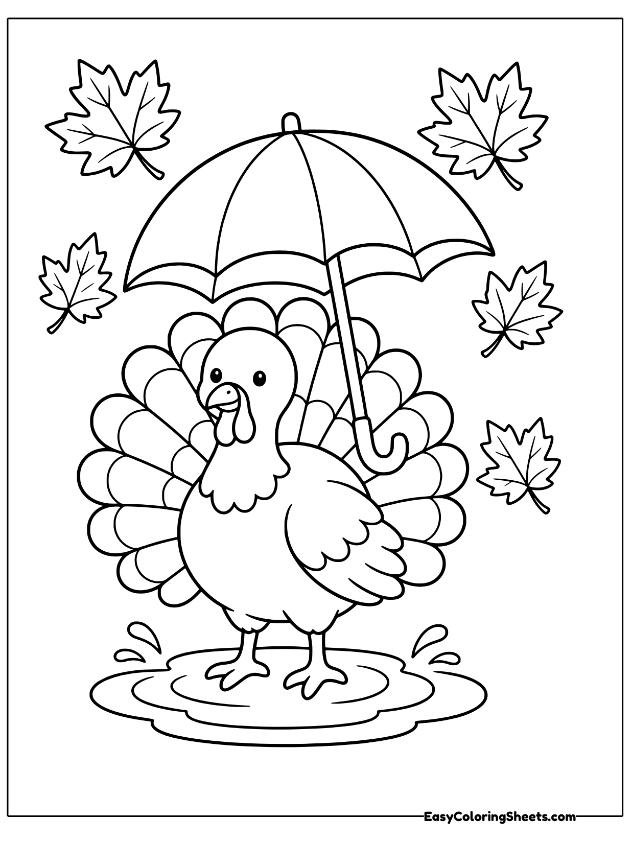 A happy turkey stays dry under a big umbrella while maple leaves float all around and a puddle splashes at its feet.