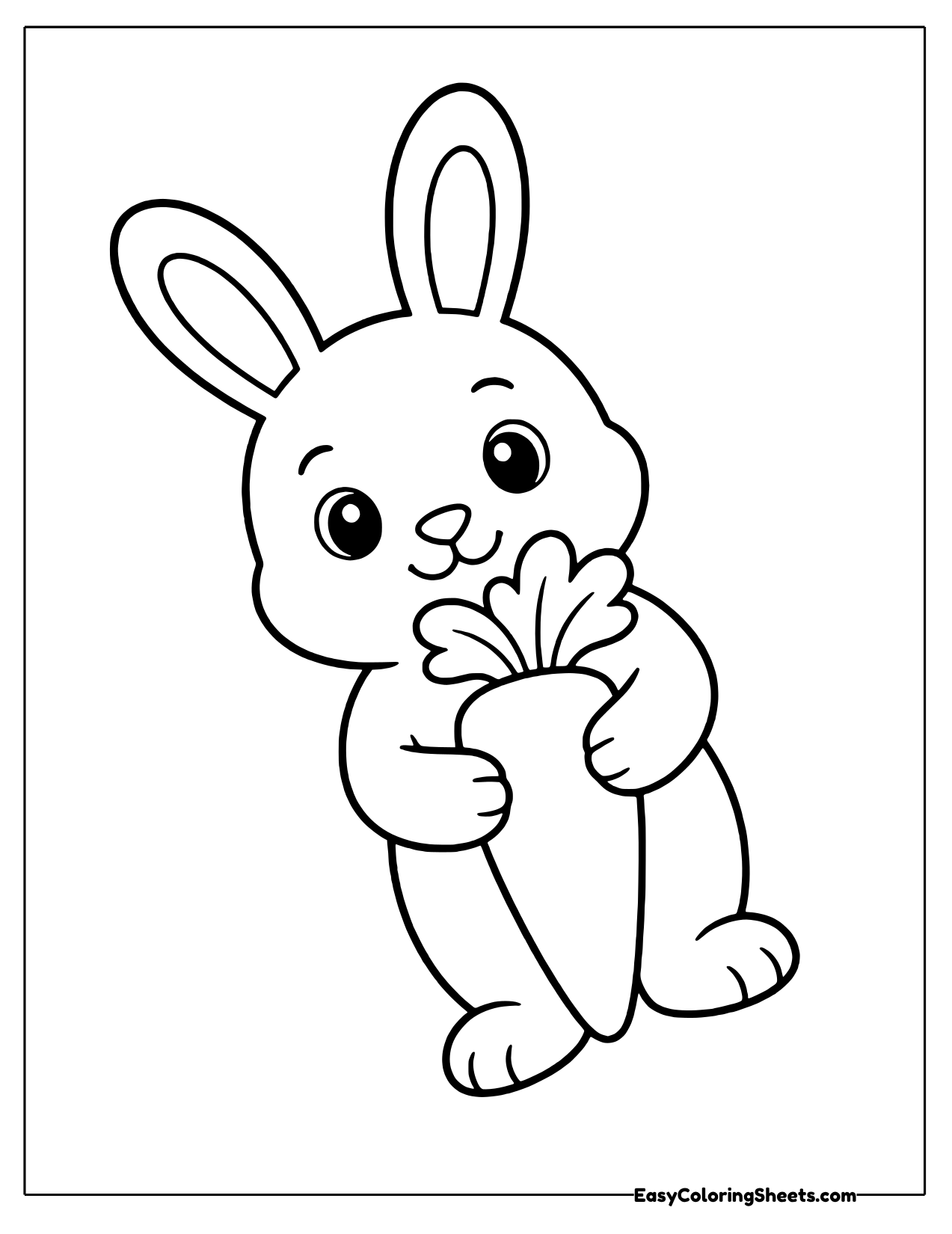 Happy bunny hugging a big leafy carrot against its tummy