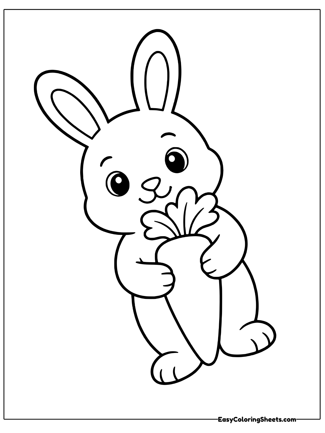 A happy bunny with tall ears hugs a big carrot tight against its tummy.