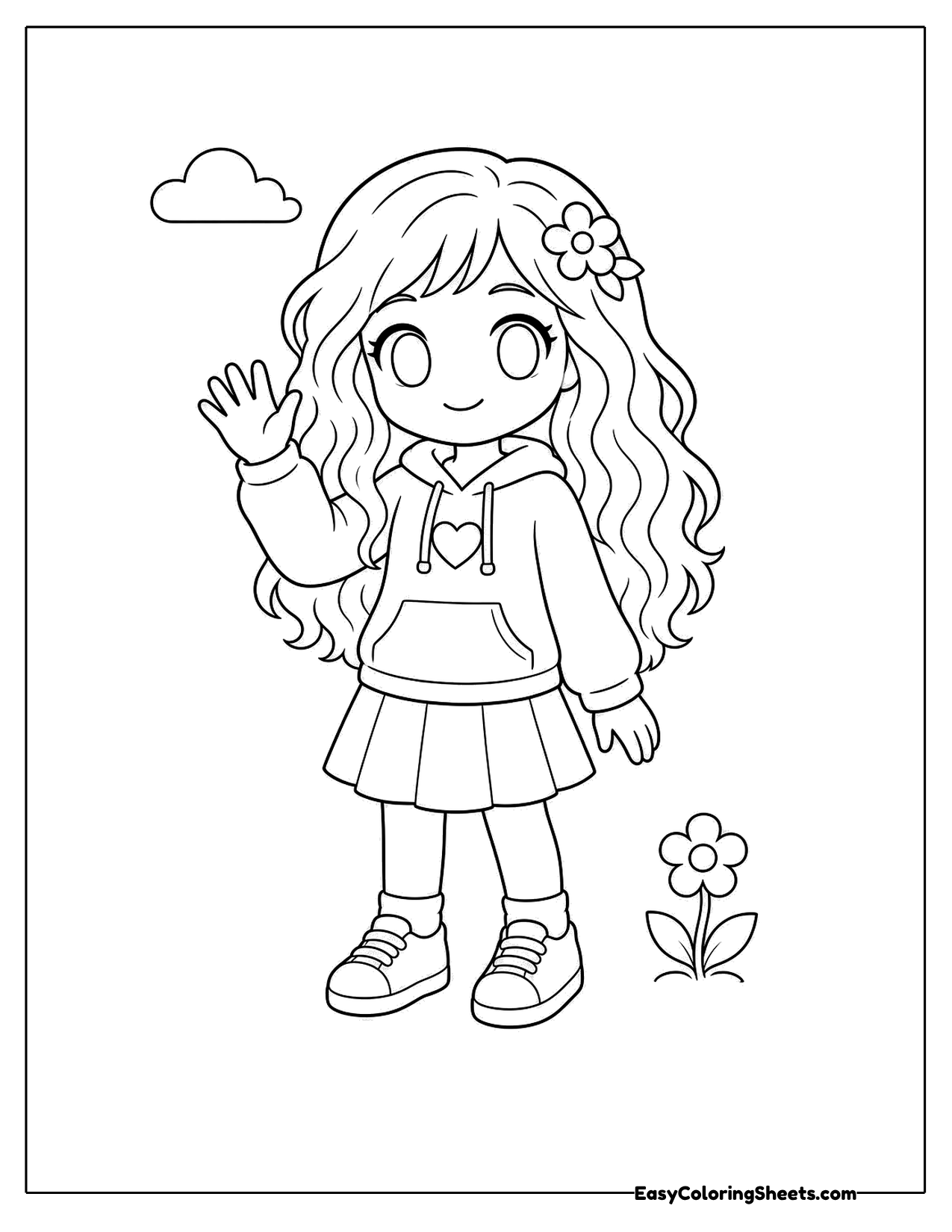 Smiling girl with long hair waving