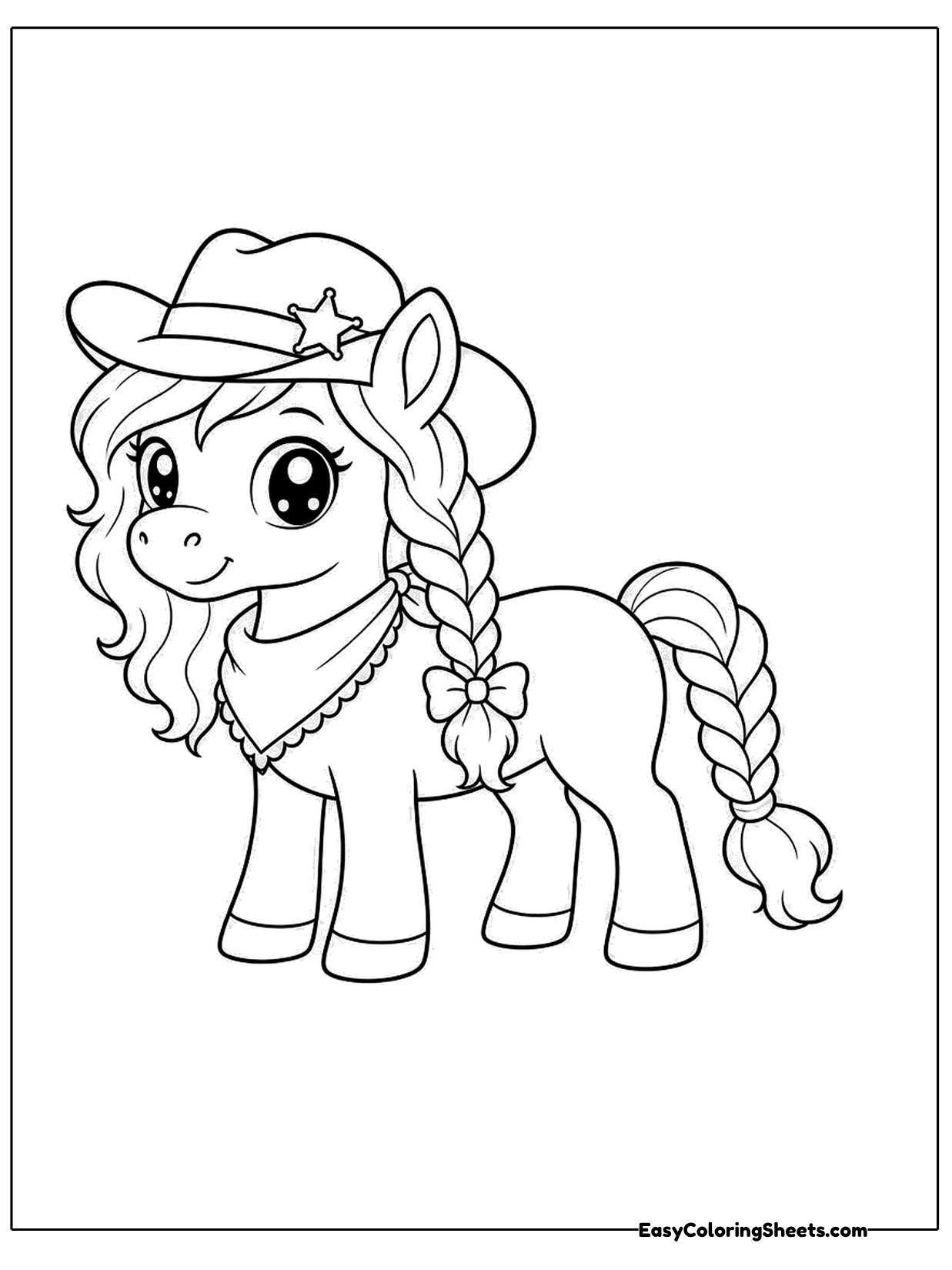 A cartoon pony with a cowboy hat, long braided mane and a bow at its neck smiles while standing in a gentle pose.