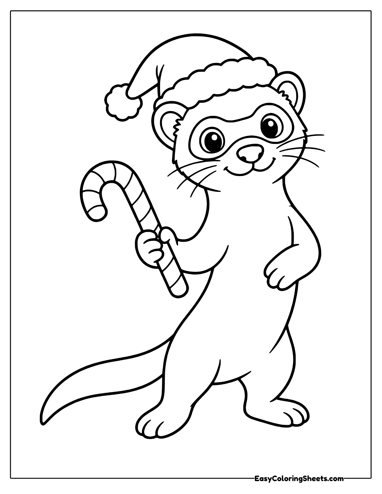 Ferret in a Santa hat holding a candy cane