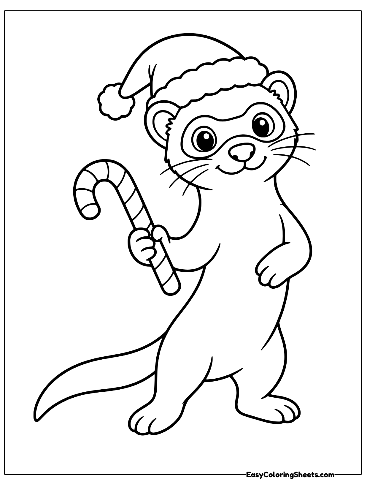 This festive ferret wears a fuzzy trimmed Santa cap and carries a striped candy cane like a walking stick.