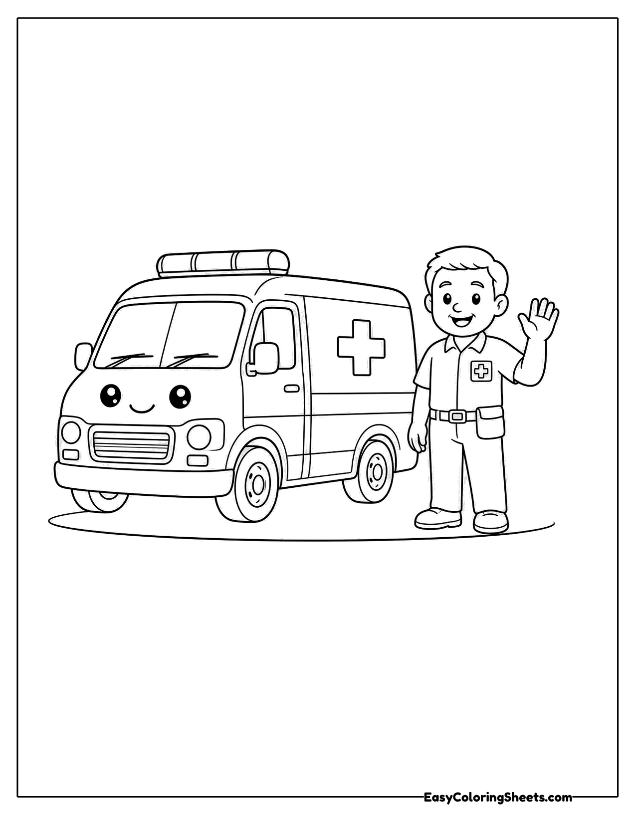Smiling ambulance parked beside a waving paramedic