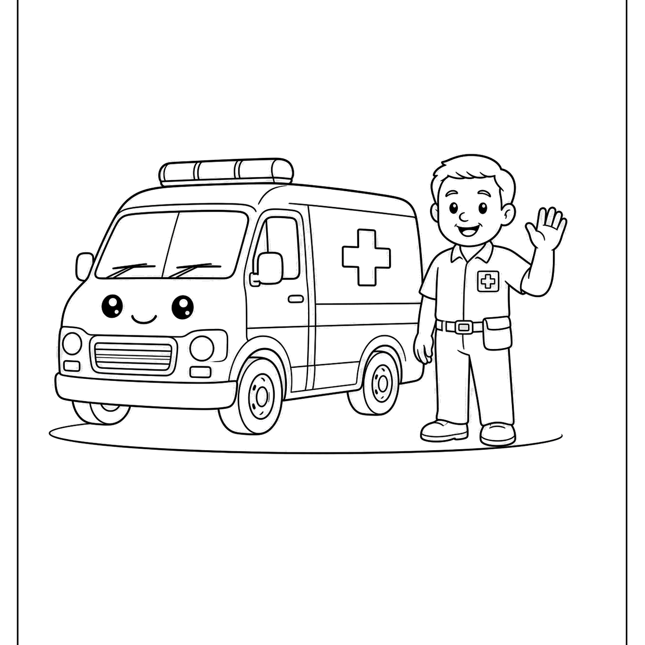 Smiling ambulance parked beside a waving paramedic