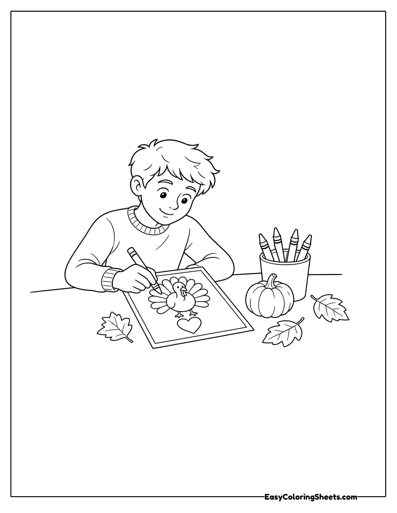 Child drawing a turkey card at a table with crayons and leaves