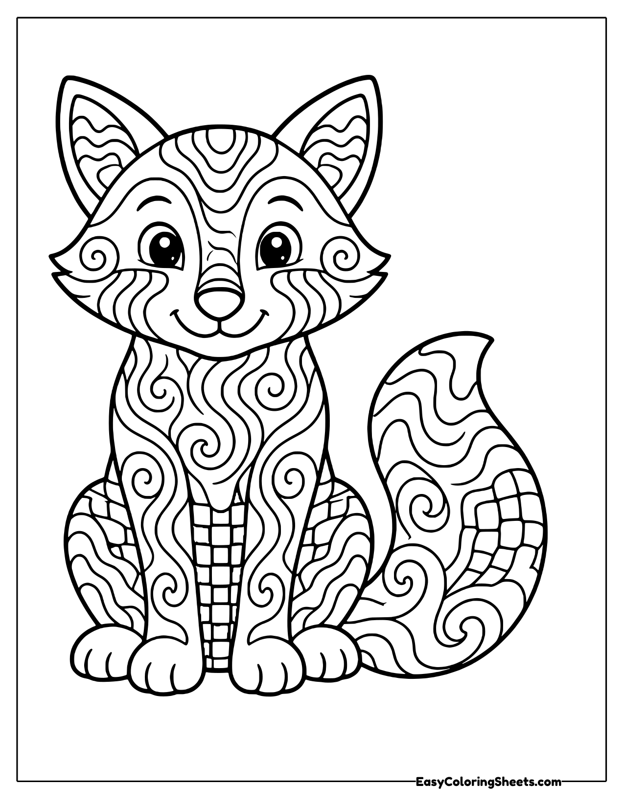Sitting fox filled with groovy swirls and checker patches