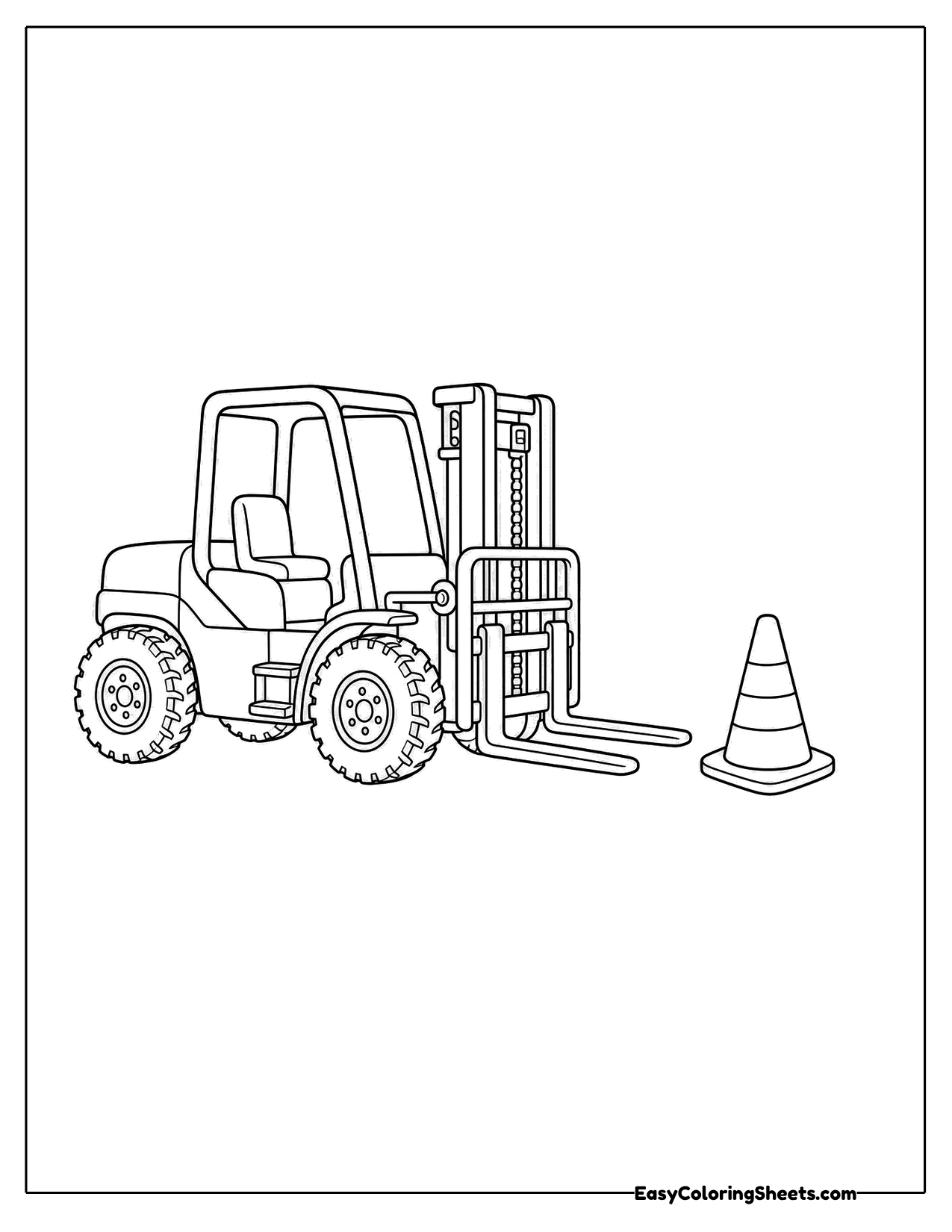 Forklift with raised forks next to a traffic cone