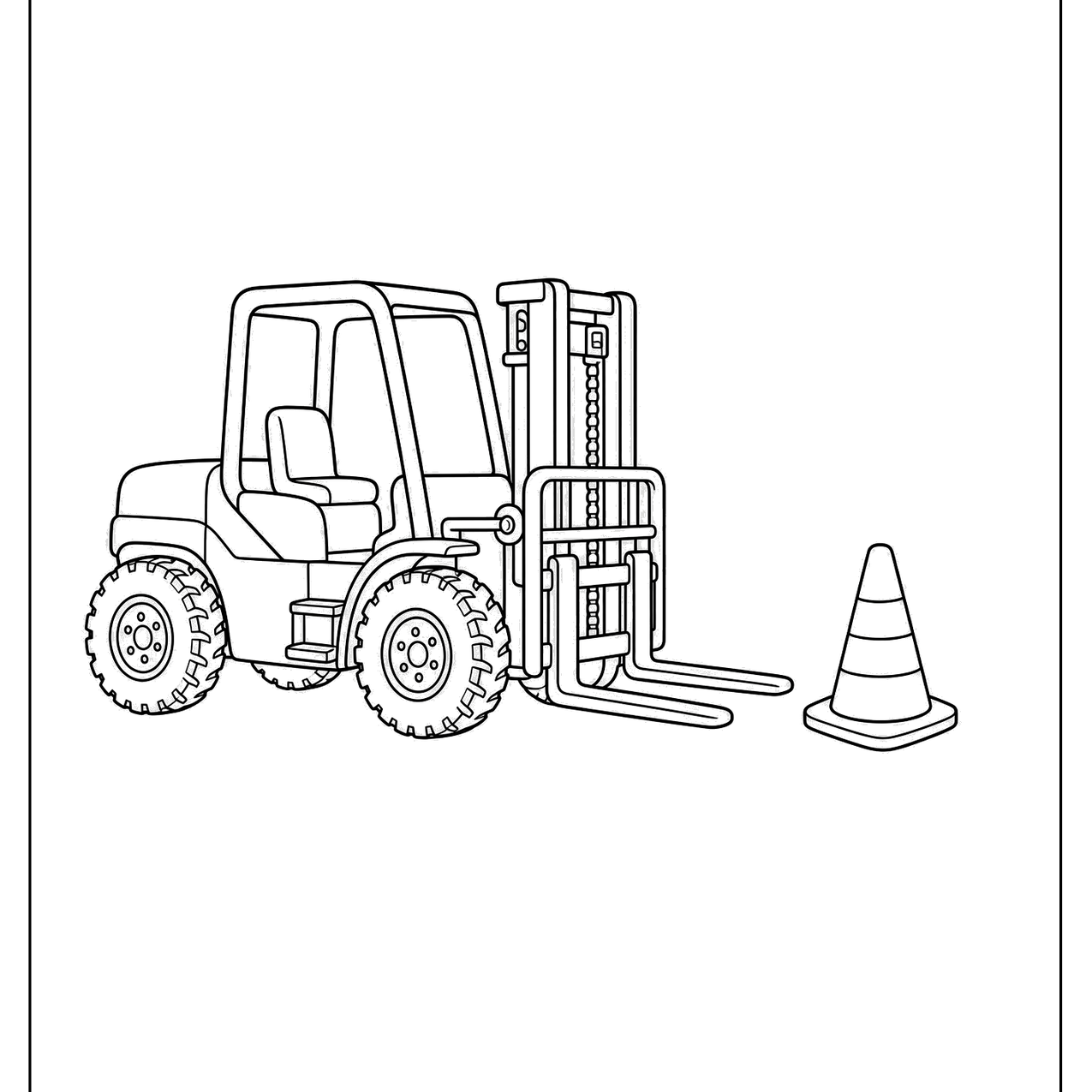 Forklift with raised forks next to a traffic cone