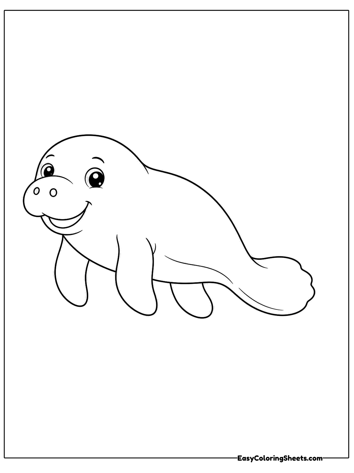 A simple cute manatee swims across the page with a big smiling snout and a curved paddle tail.