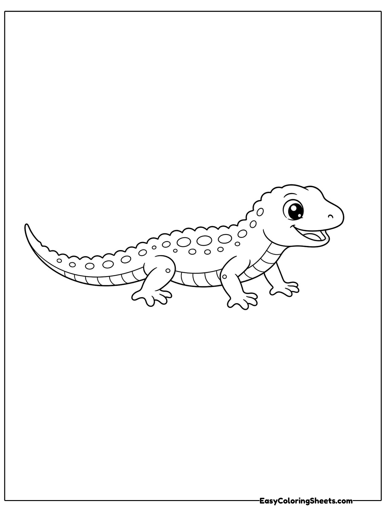A slim lizard with a speckled back crawls low to the ground, stretched out across the page with a long thin tail.