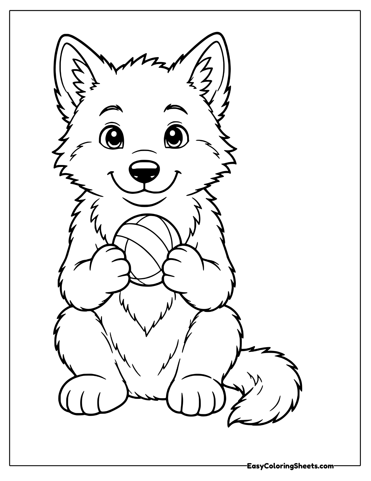 Wolf pup holding a ball