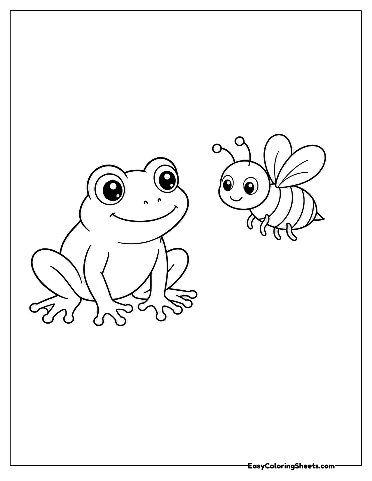 Small frog watching a striped bee fly close by