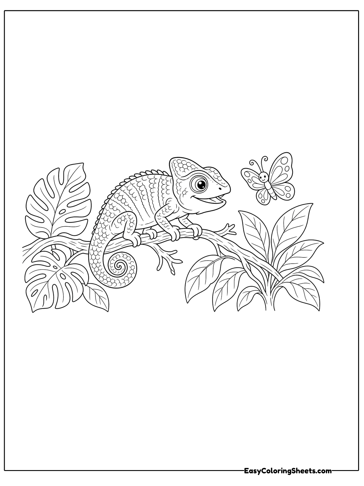 A chameleon with a curled tail grips a leafy branch surrounded by big tropical plants and a butterfly.