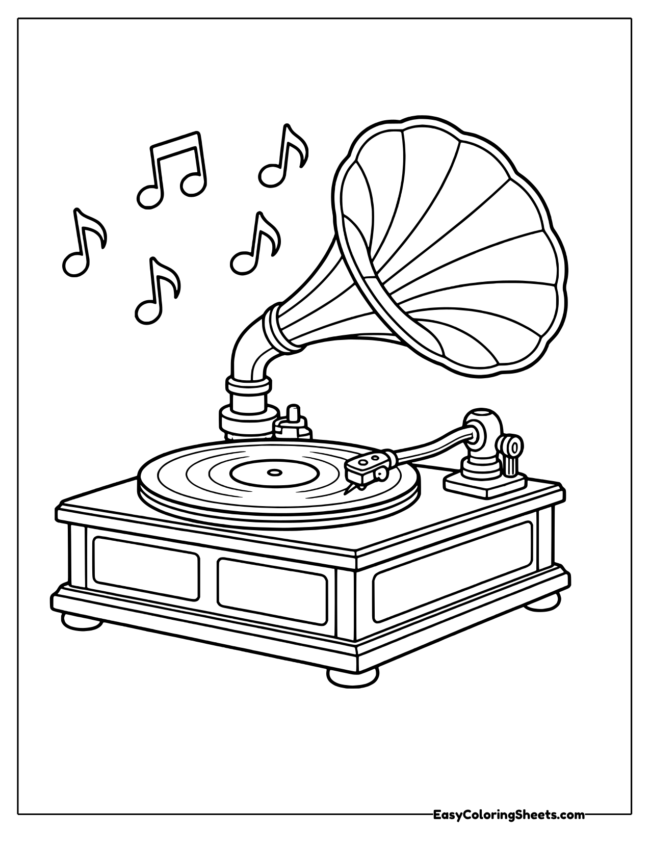 An old phonograph with a big flared horn sits on a wooden cabinet, with music notes floating out.