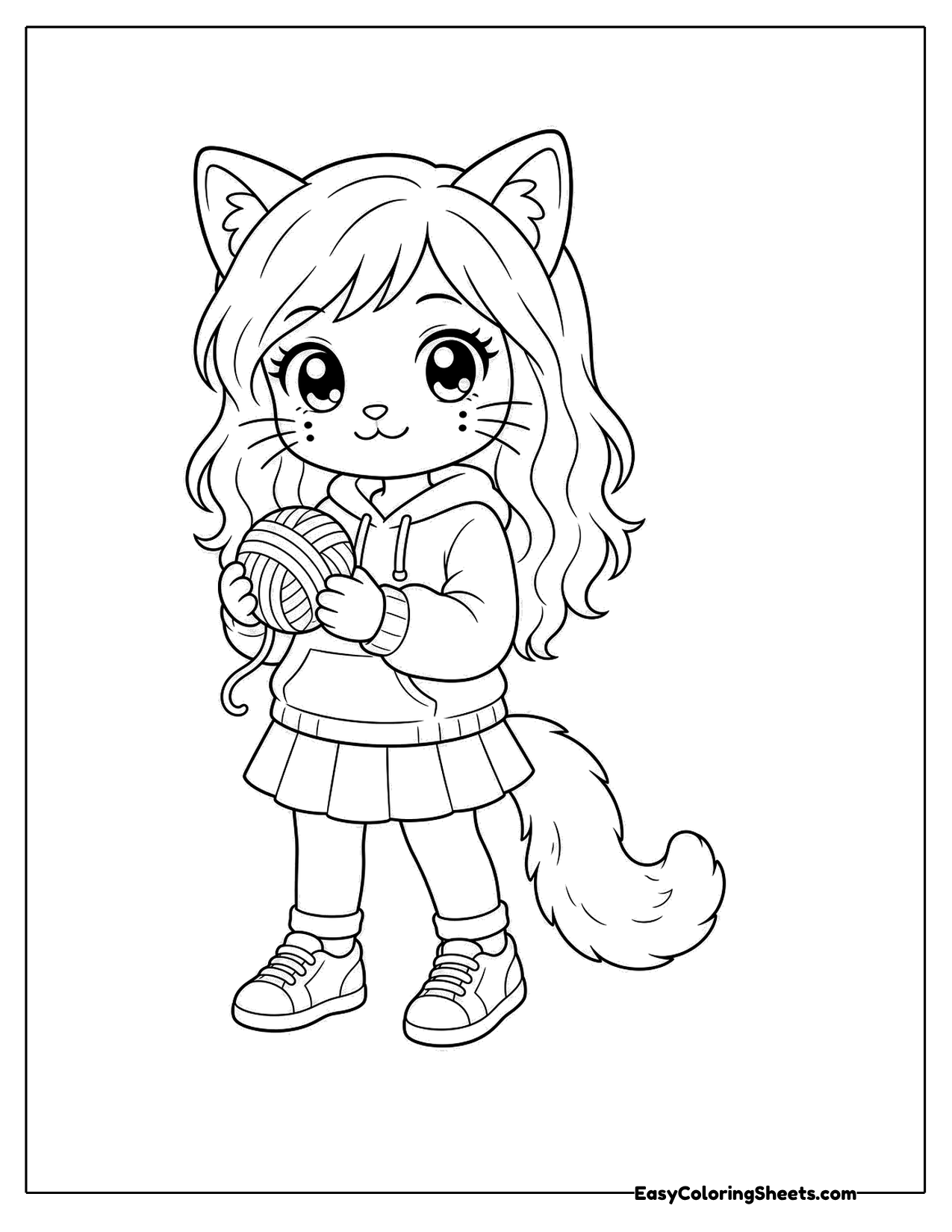 Girl with cat ears holding a ball of yarn