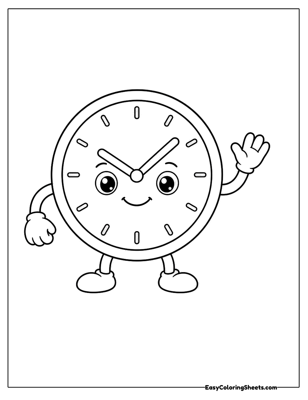 Smiling clock character waving