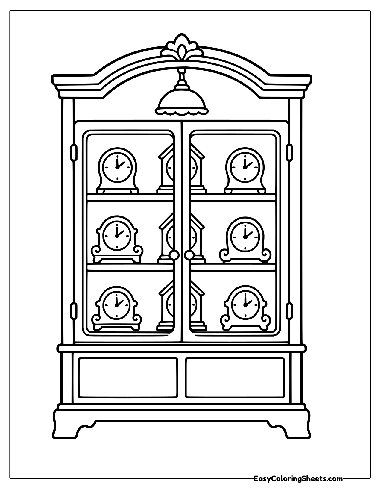 Wooden cabinet displaying clocks