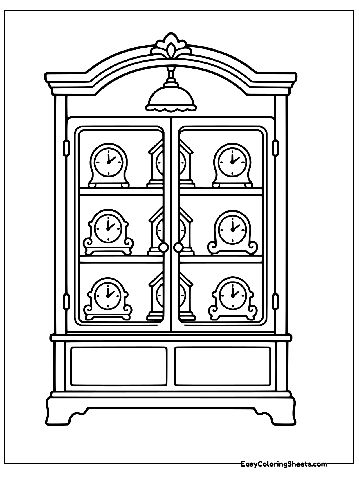 A tall wooden display cabinet holds several small clocks on its shelves behind glass doors.