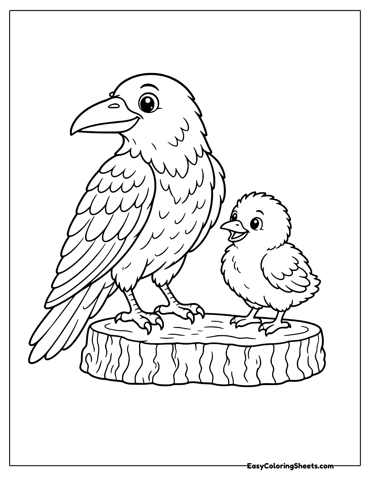 Raven parent and chick on a log