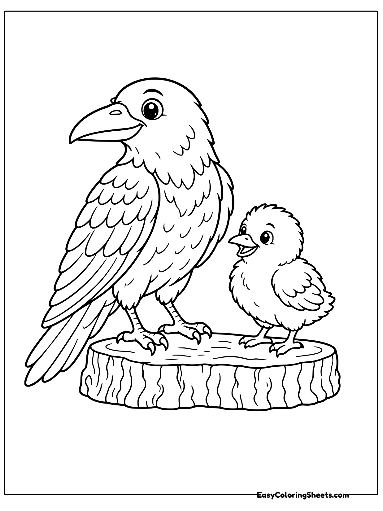 A grown raven stands on a cut log beside its fluffy chick, which looks up with big eyes.
