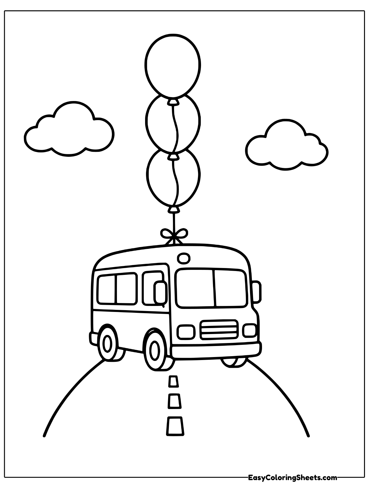A small bus drives along a curving road with a bunch of balloons tied to its roof floating up into the sky.