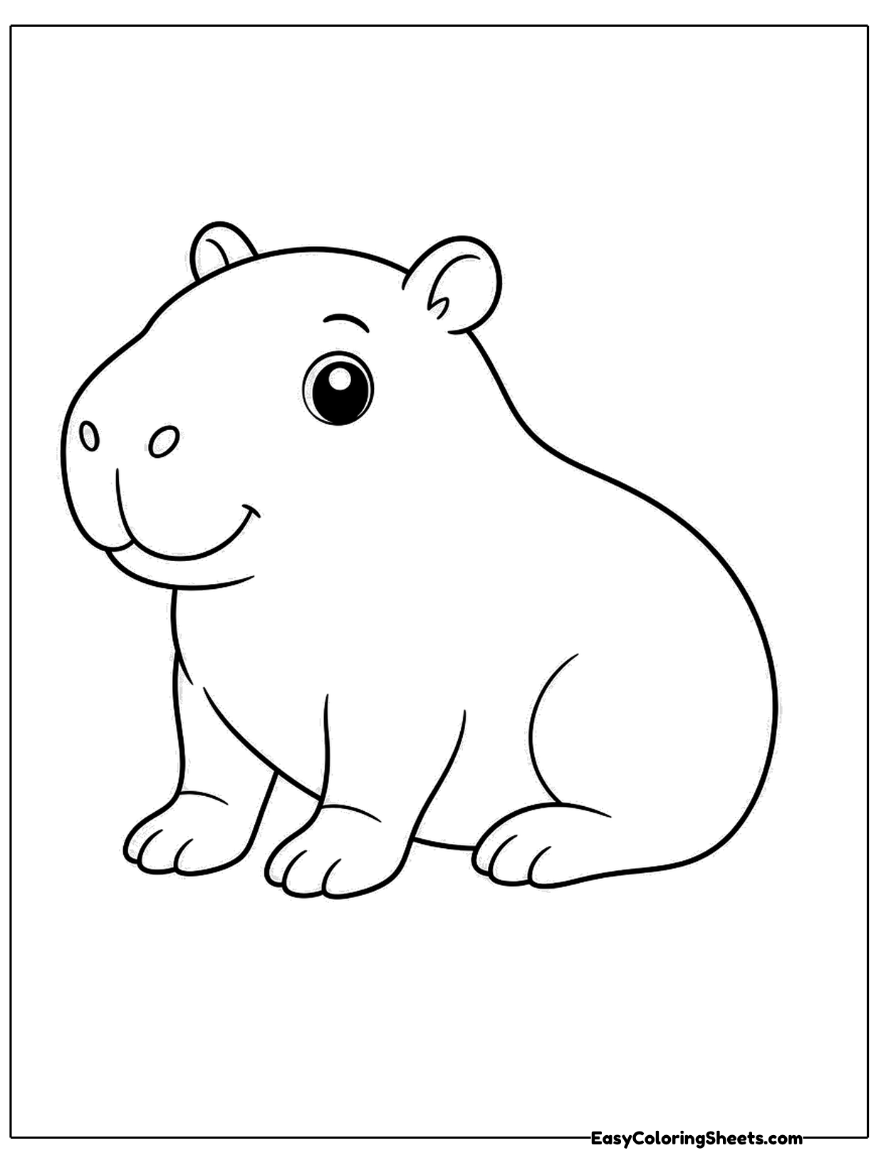 A cute capybara with a big round body and a tiny smile sits on the ground with its front paws tucked in.