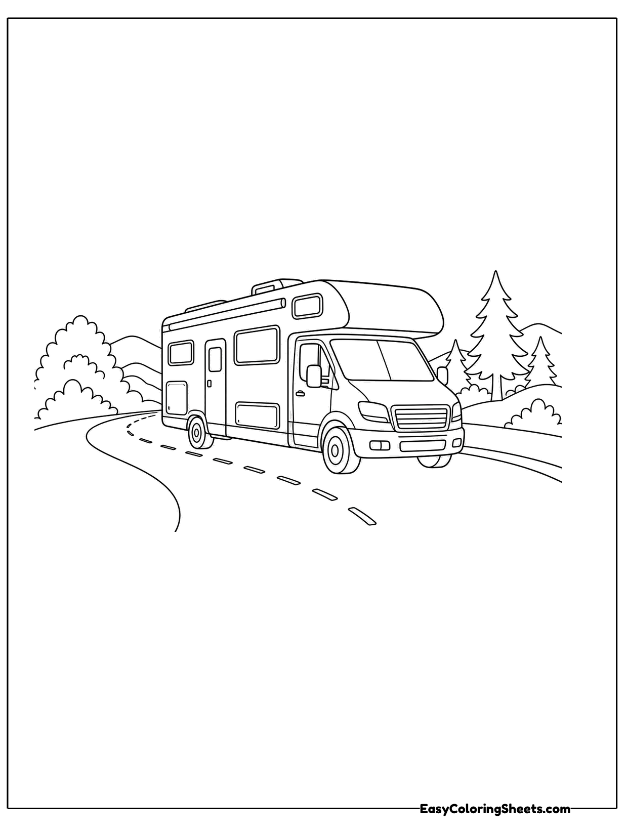 A large motorhome drives down a winding road with pine trees and hills in the background.