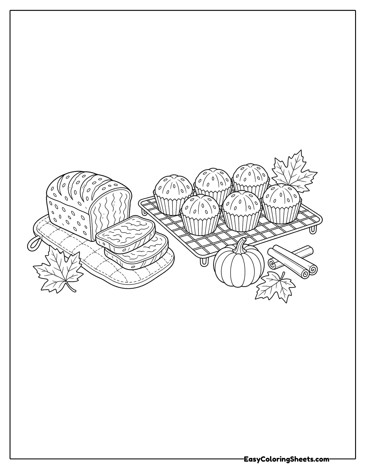 Loaf of pumpkin bread and a tray of muffins on a cooling rack