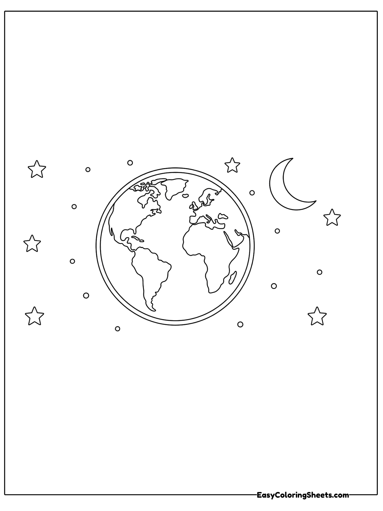 A small Earth floats in space surrounded by twinkling stars and a crescent moon.