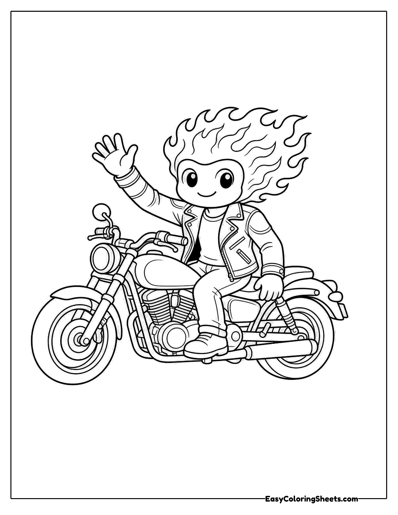 Boy with fiery hair riding a cruiser motorcycle and waving