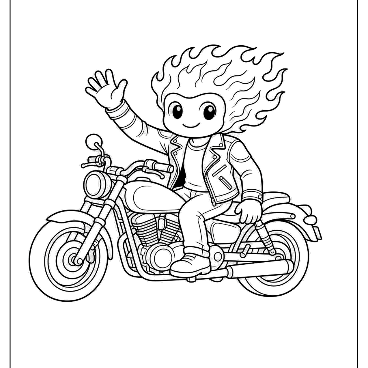 Boy with fiery hair riding a cruiser motorcycle and waving