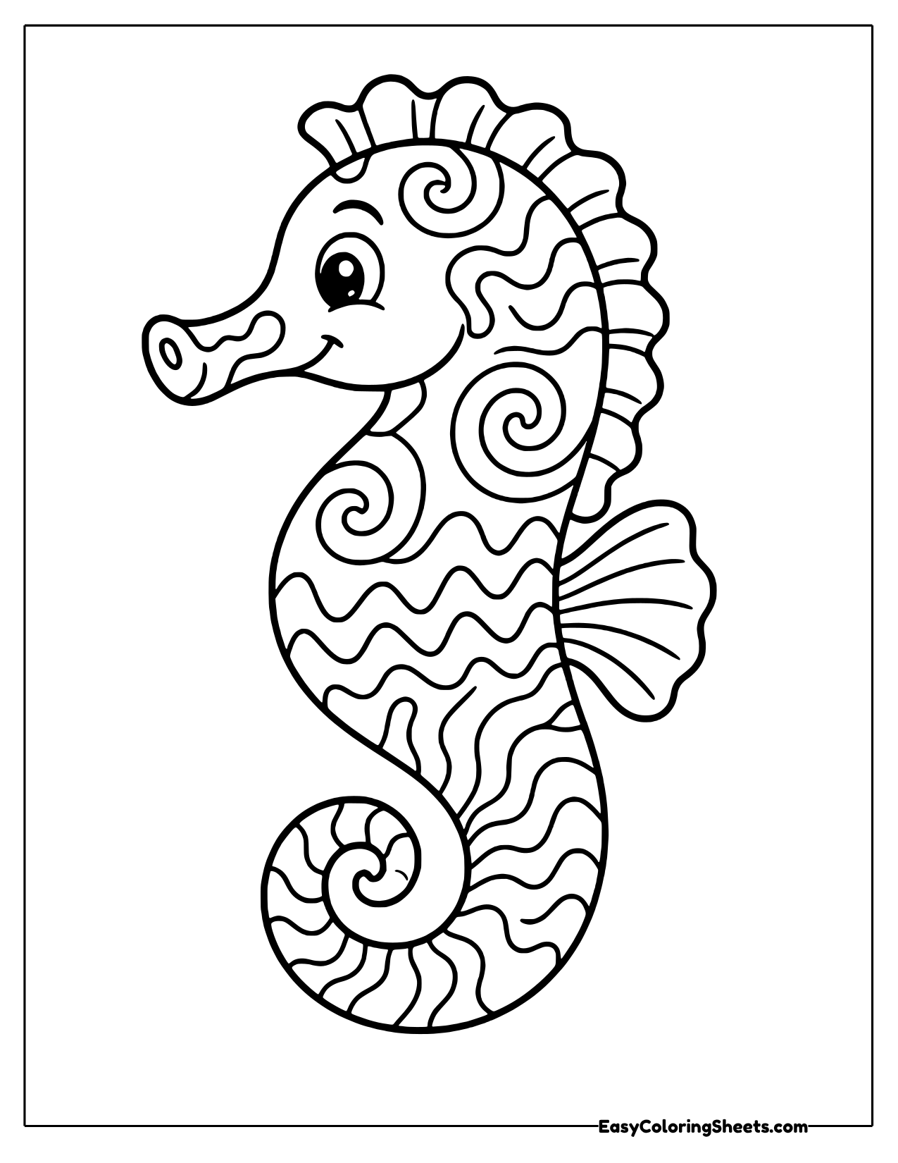 Smiling seahorse filled with groovy swirls and wavy bands
