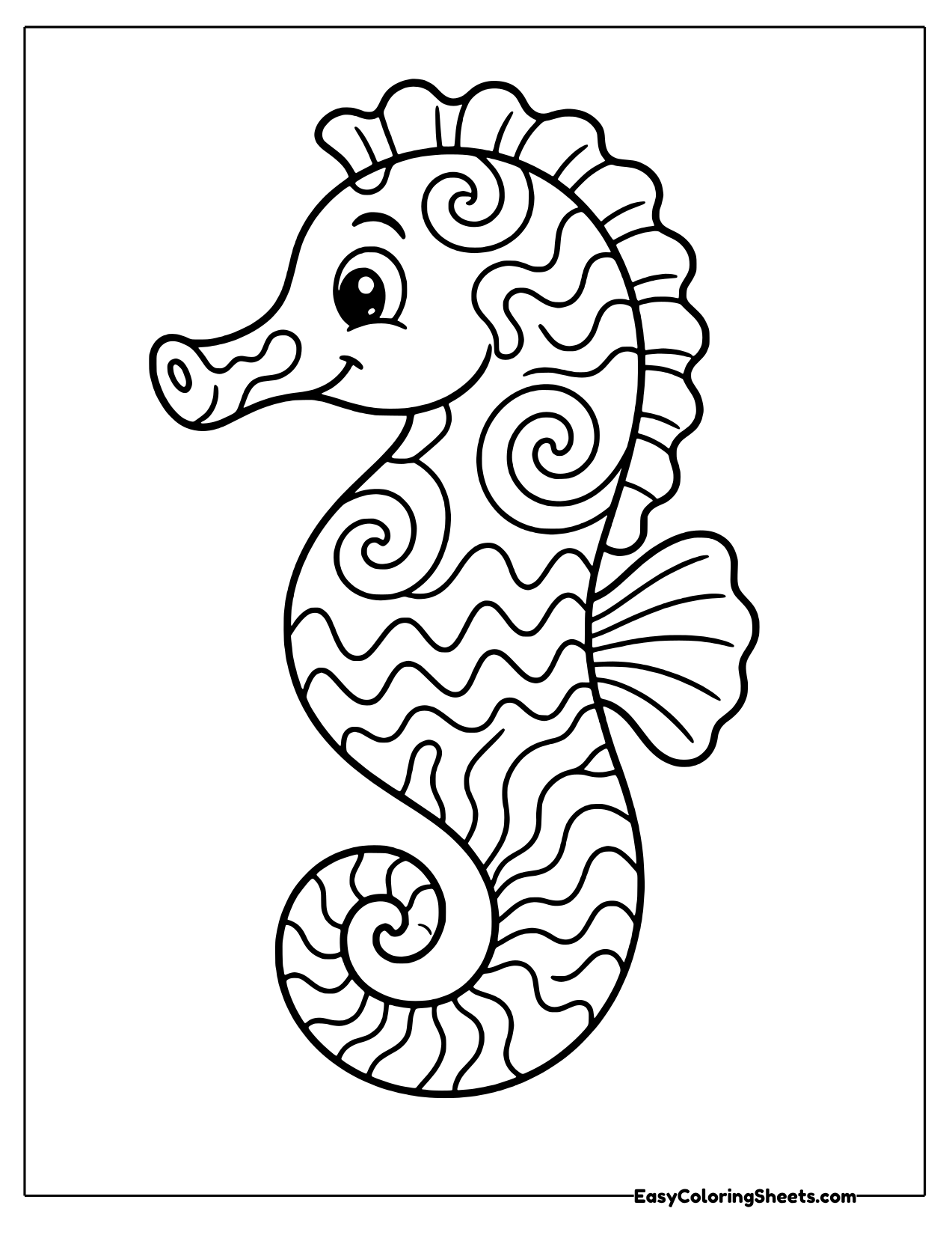 Smiling seahorse filled with groovy swirls and wavy bands
